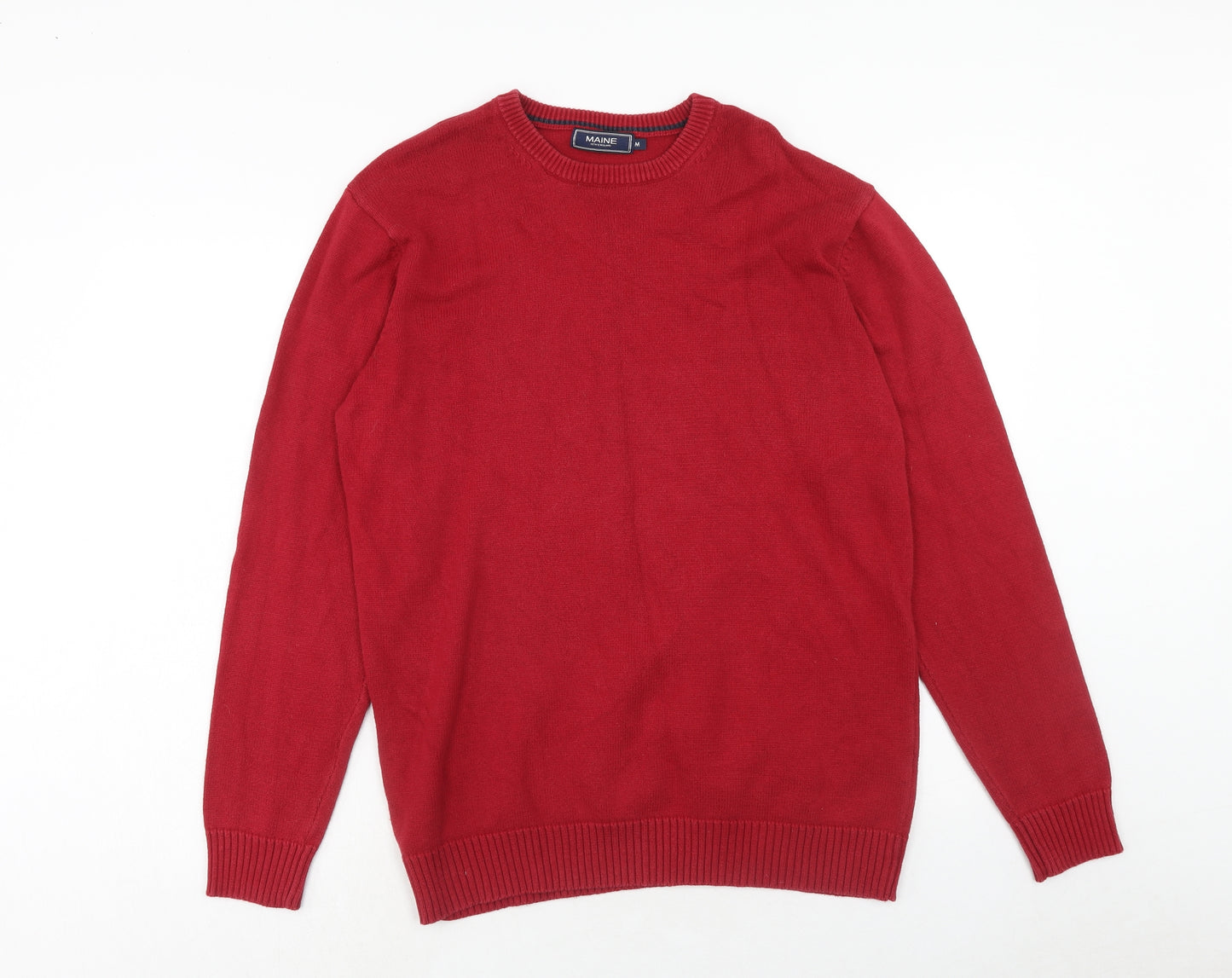 Maine Mens Red Crew Neck Cotton Pullover Jumper Size M Long Sleeve