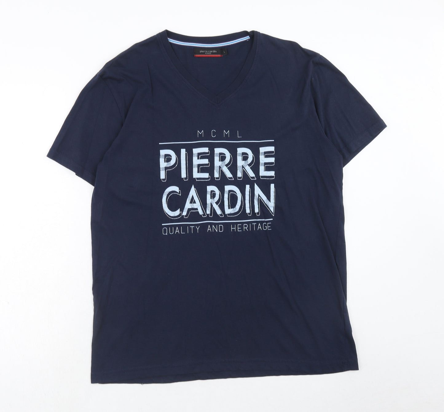 Pierre Cardin Mens Blue Cotton T-Shirt Size L Round Neck Pullover