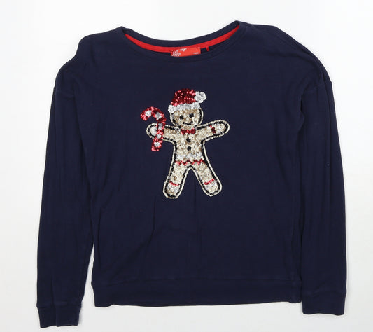NEXT Womens Blue Cotton Pullover Sweatshirt Size 6 Pullover - Christmas Gingerbread man