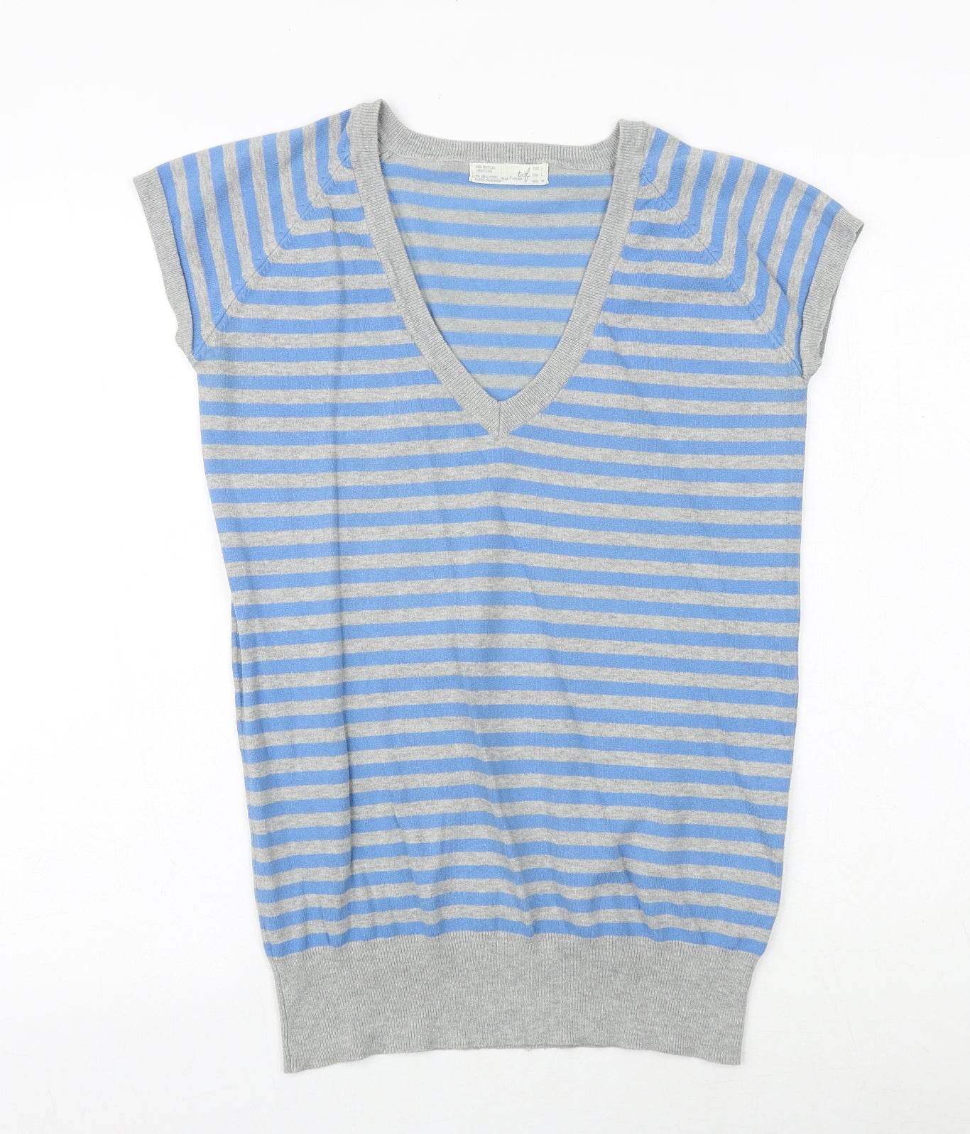 Zara Womens Blue V-Neck Striped Cotton Vest Jumper Size L Pullover