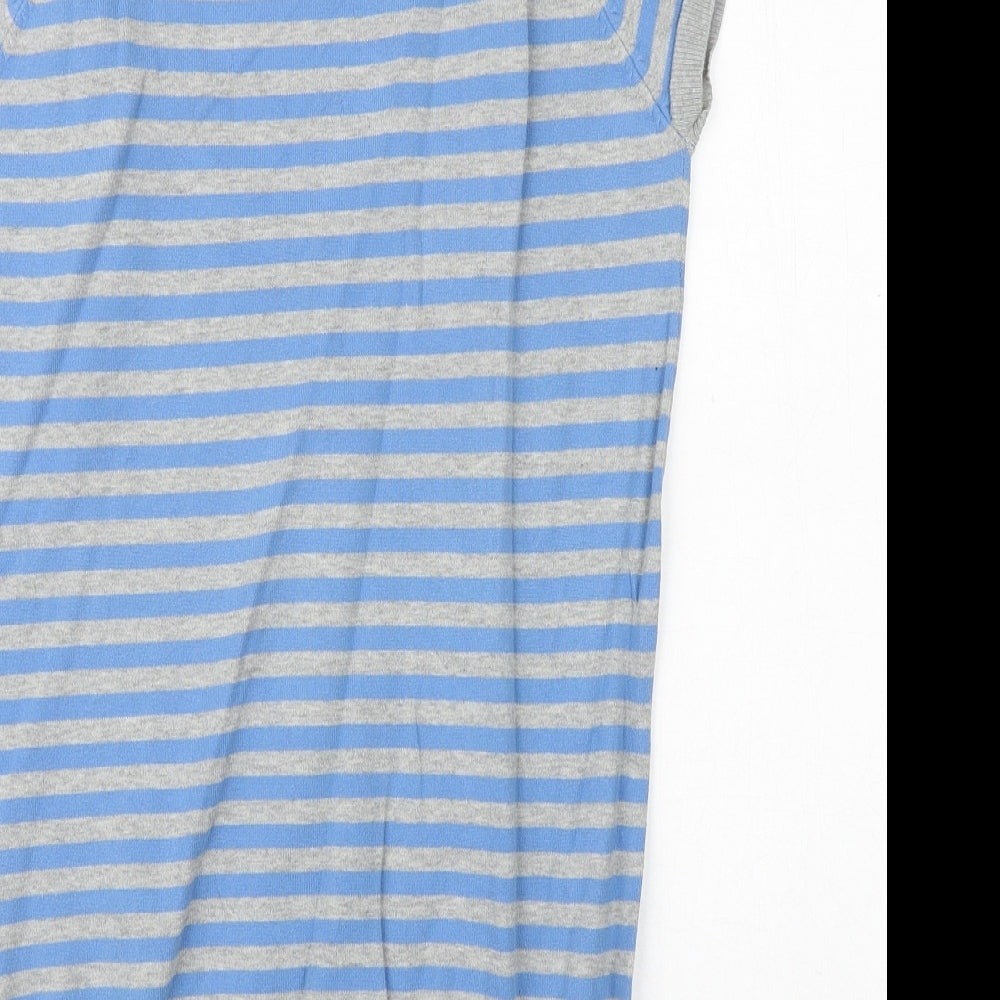 Zara Womens Blue V-Neck Striped Cotton Vest Jumper Size L Pullover