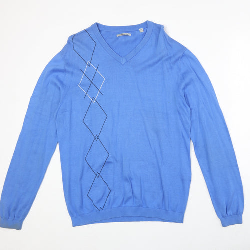Ashworth Mens Blue V-Neck 100% Cotton Pullover Jumper Size L Long Sleeve