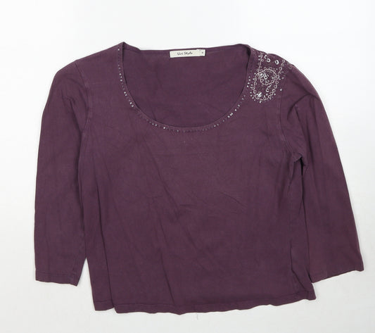 Uni Style Womens Purple Polyester Basic T-Shirt Size 10 Boat Neck - Embellished Neckline