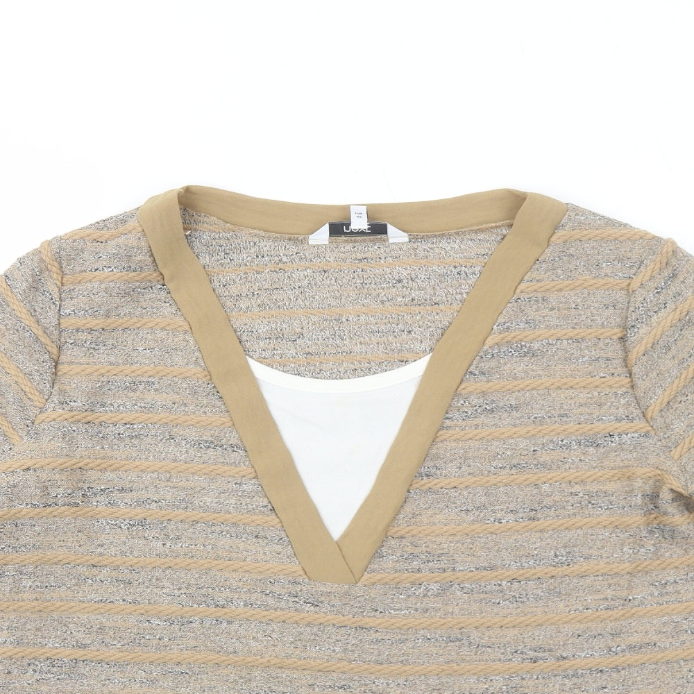 NEXT Womens Beige Striped Polyester Basic T-Shirt Size 12 Scoop Neck