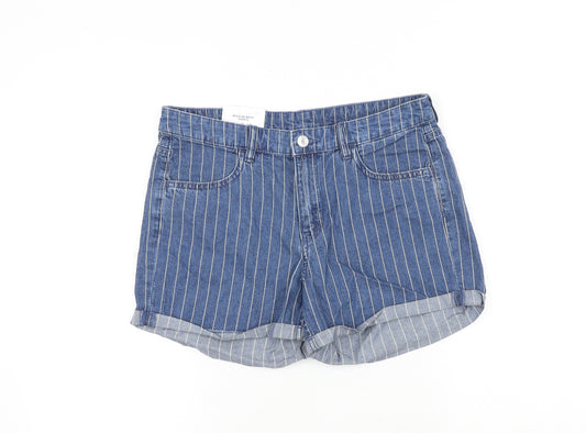 H&M Womens Blue Striped 100% Cotton Boyfriend Shorts Size 10 Regular Zip