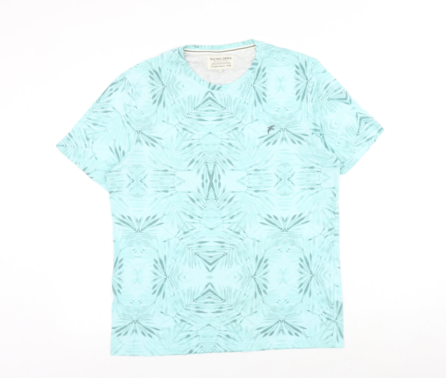 Racing Green Mens Blue Geometric Cotton T-Shirt Size M Round Neck
