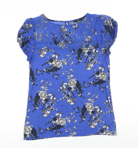 M&Co Womens Blue Floral Viscose Basic T-Shirt Size 10 Boat Neck