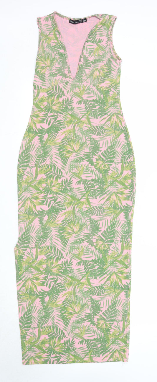 Boohoo Womens Pink Geometric Polyester Maxi Size 8 V-Neck Pullover - Palm Print