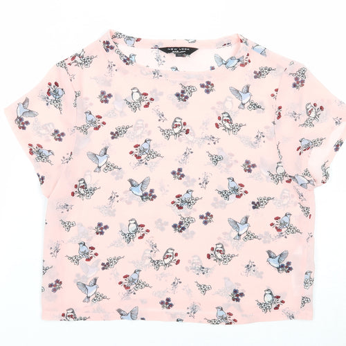 New Look Girls Pink Geometric Polyester Basic T-Shirt Size 10-11 Years Round Neck Pullover - Birds Print