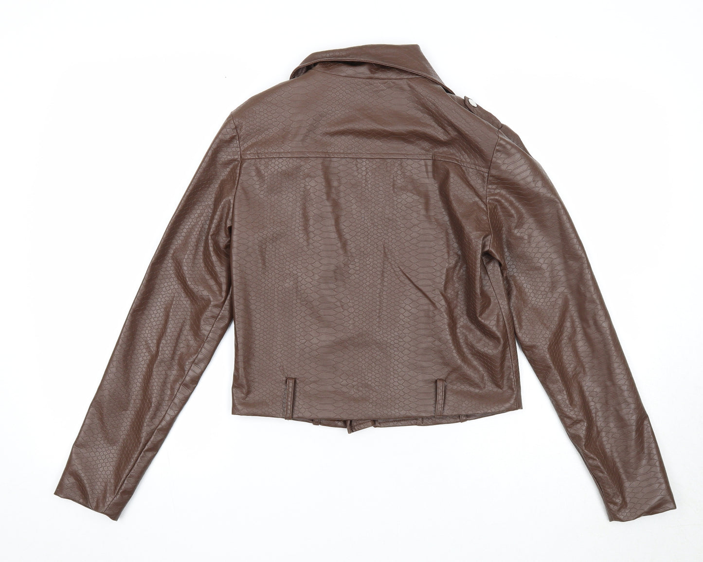 PRETTYLITTLETHING Womens Brown Geometric Biker Jacket Size 6 Zip