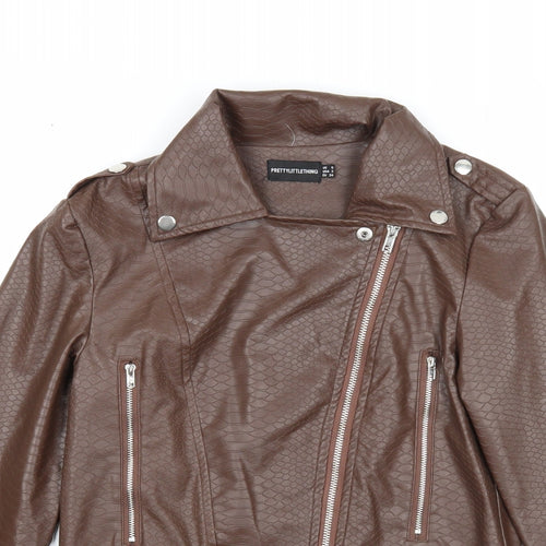 PRETTYLITTLETHING Womens Brown Geometric Biker Jacket Size 6 Zip