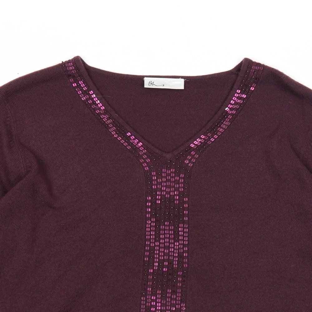 BHS Womens Purple V-Neck Acrylic Pullover Jumper Size 16