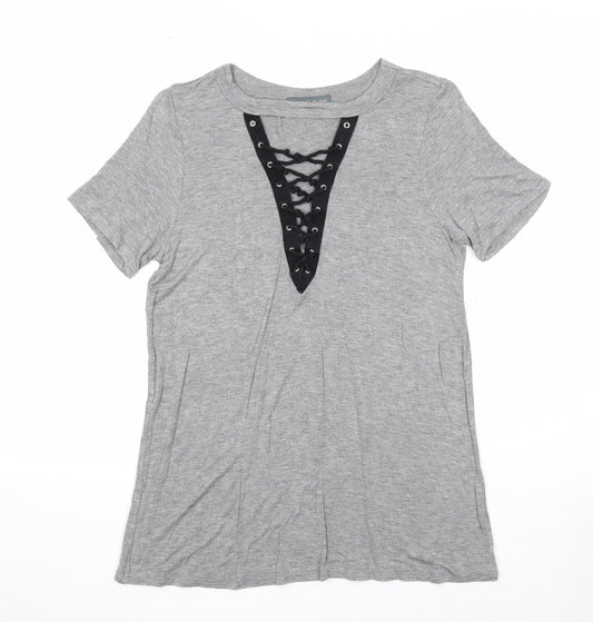 West Coast Love Womens Grey Viscose Basic T-Shirt Size S Round Neck - Lace Up Front