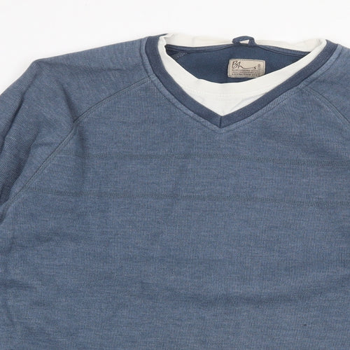 BHS Mens Blue Round Neck Cotton Pullover Jumper Size M Long Sleeve Pullover