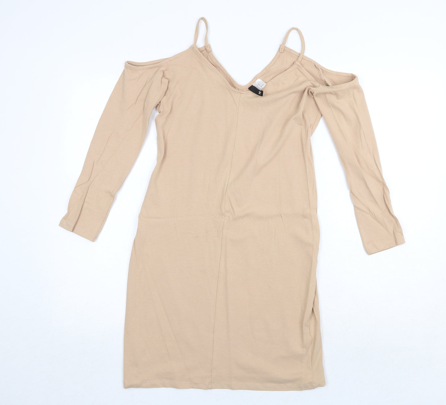 H&M Womens Beige Cotton Pencil Dress Size 14 V-Neck Pullover