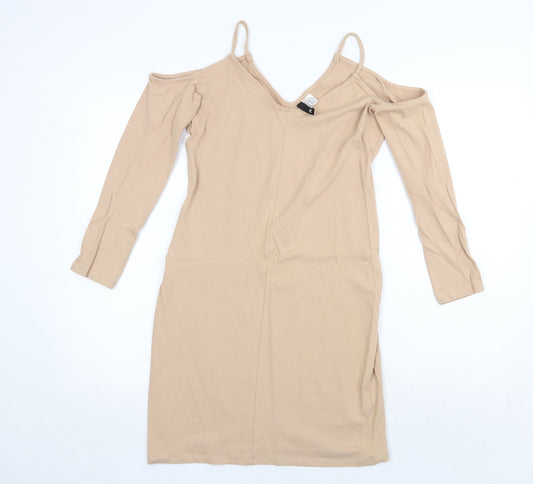 H&M Womens Beige Cotton Pencil Dress Size 14 V-Neck Pullover