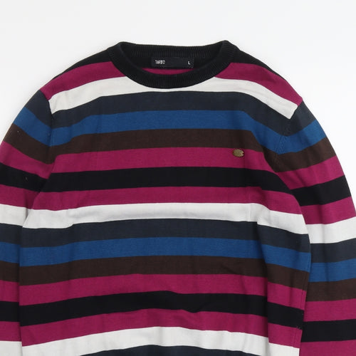 Turbo Mens Multicoloured Round Neck Striped Cotton Pullover Jumper Size L Long Sleeve