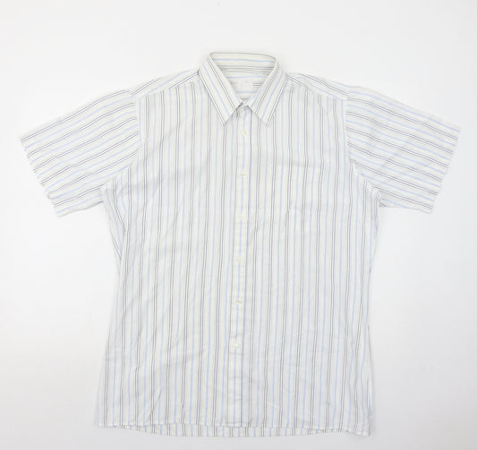 BHS Mens White Striped Cotton Button-Up Size 16 Collared Button
