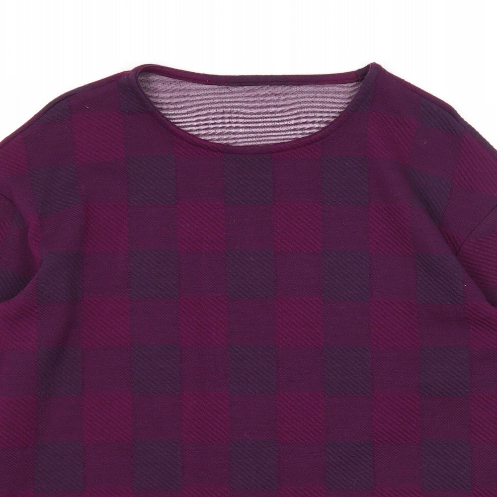 Marks and Spencer Womens Purple Plaid Polyester Basic T-Shirt Size 12 Round Neck