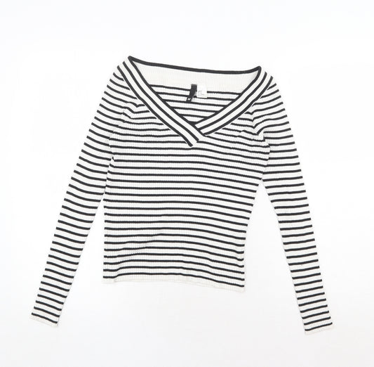 H&M Womens White V-Neck Striped Cotton Pullover Jumper Size M