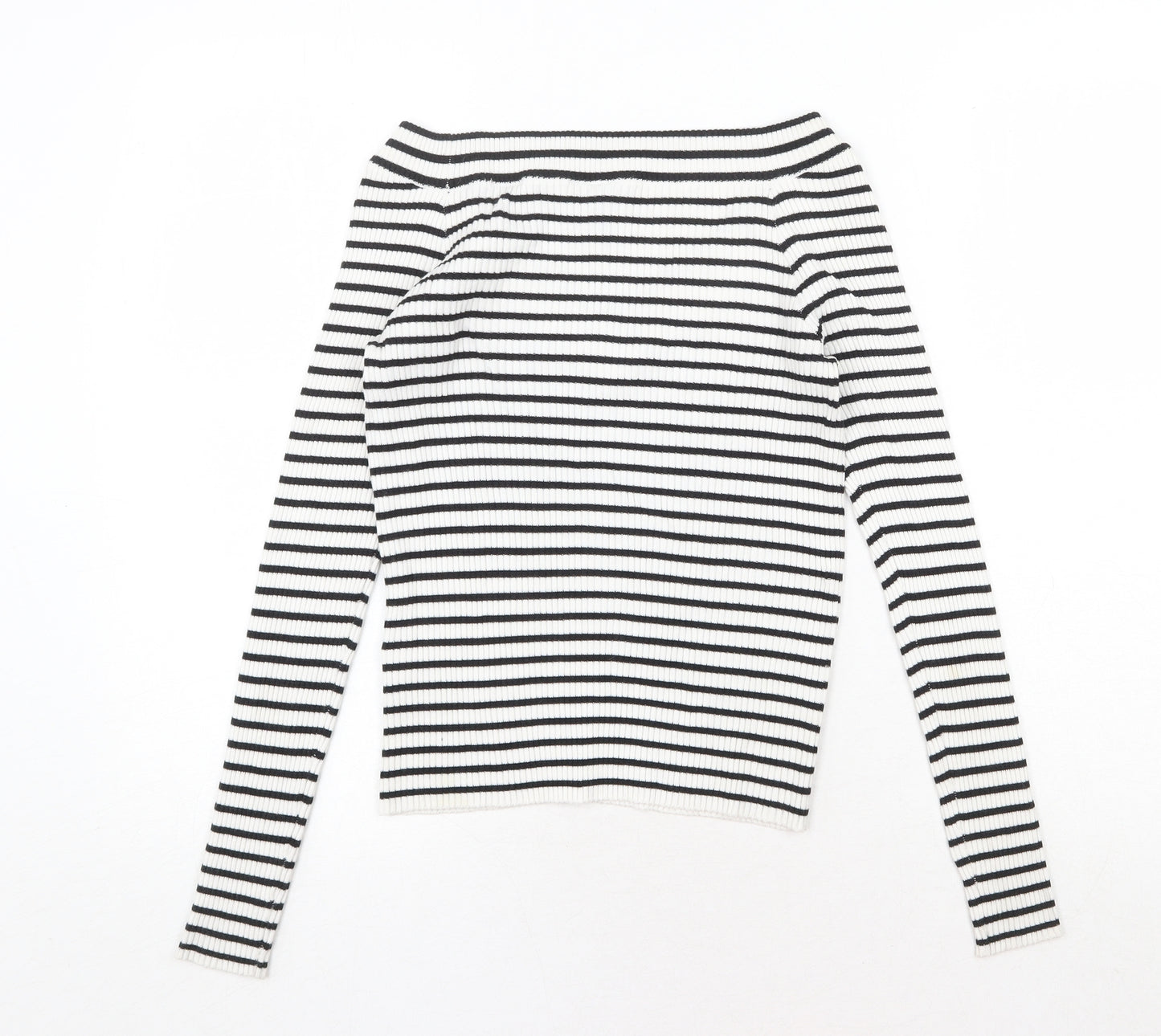 H&M Womens White V-Neck Striped Cotton Pullover Jumper Size M