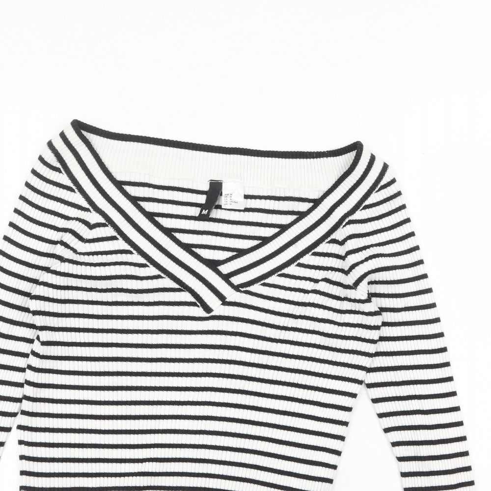 H&M Womens White V-Neck Striped Cotton Pullover Jumper Size M