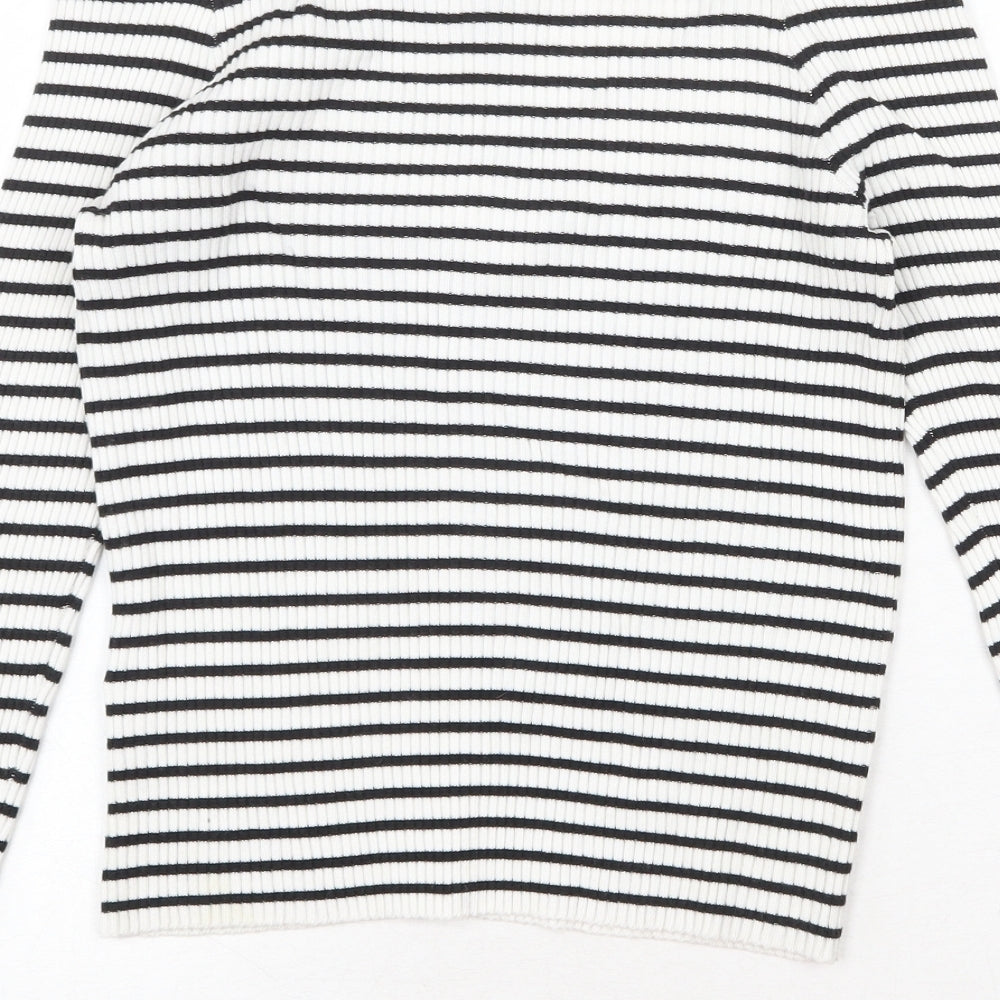 H&M Womens White V-Neck Striped Cotton Pullover Jumper Size M