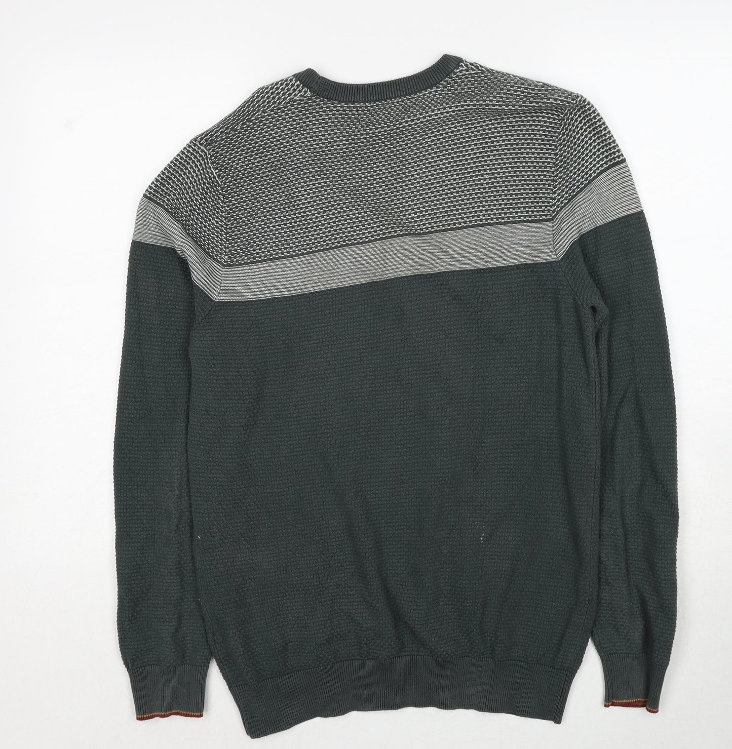 Marks and Spencer Mens Green Crew Neck Geometric Cotton Pullover Jumper Size S Long Sleeve