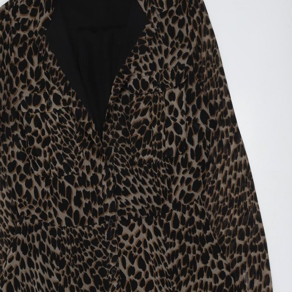 Warehouse Womens Black Animal Print Polyester A-Line Size 14 Collared Button - Leopard Print