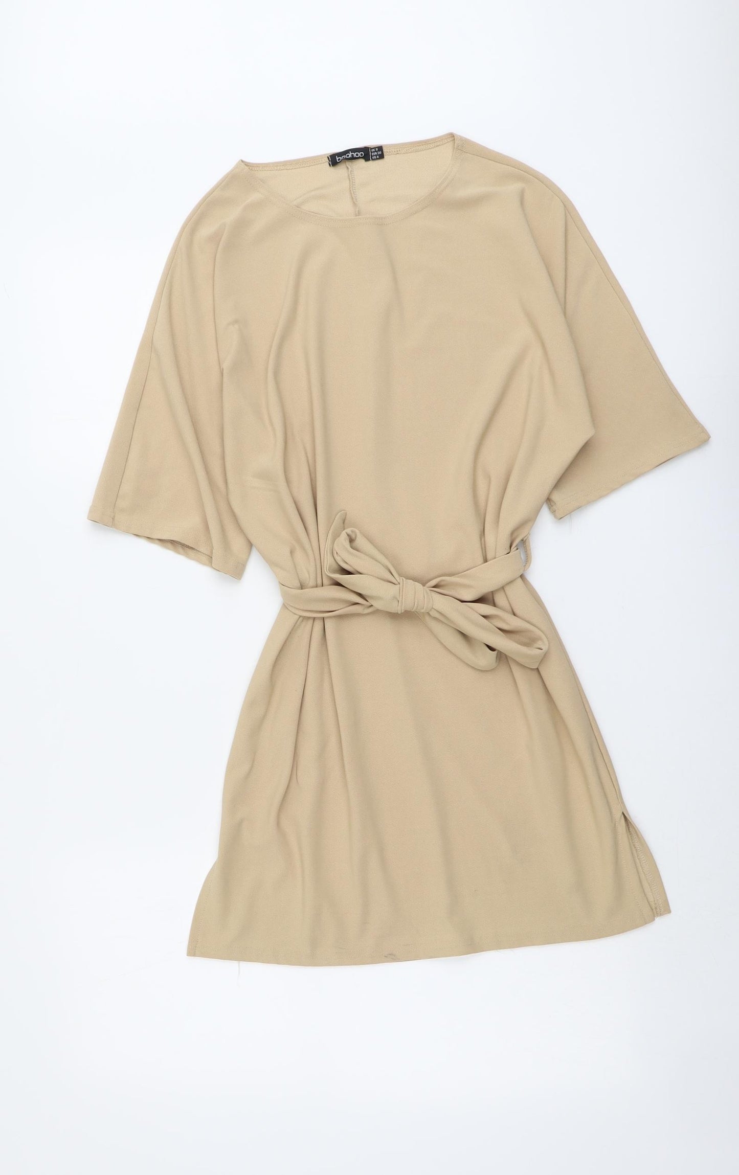 Boohoo Womens Beige Polyester T-Shirt Dress Size 8 Round Neck Pullover - Belted