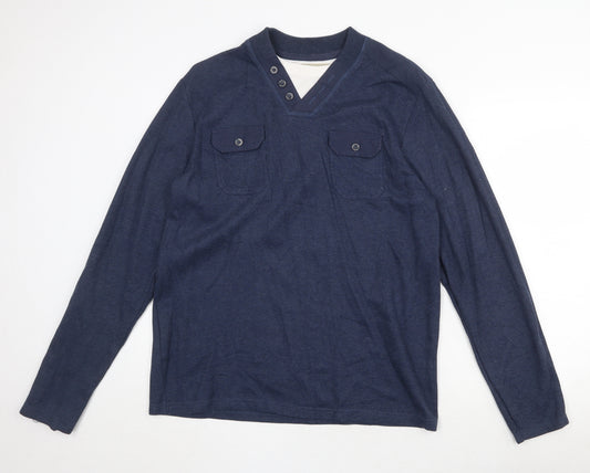 BHS Mens Blue V-Neck Cotton Pullover Jumper Size L Long Sleeve