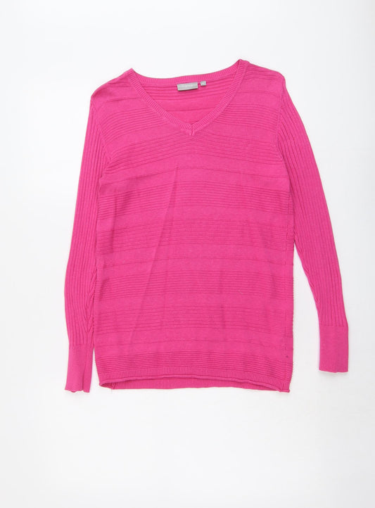 Fransa Womens Pink V-Neck Cotton Pullover Jumper Size XS - Textured