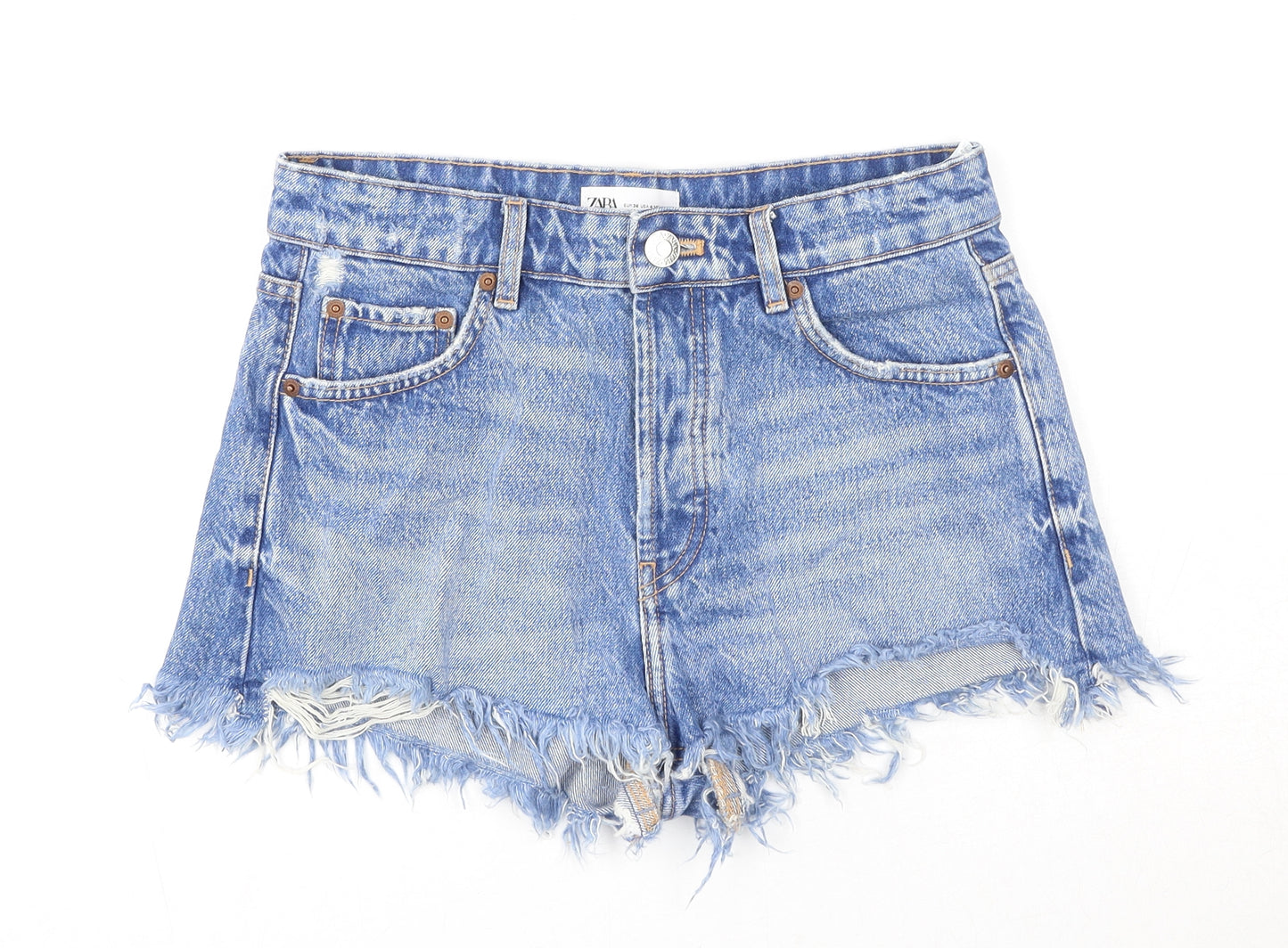 Zara Womens Blue Cotton Boyfriend Shorts Size 8 Regular Zip - Distressed Hems
