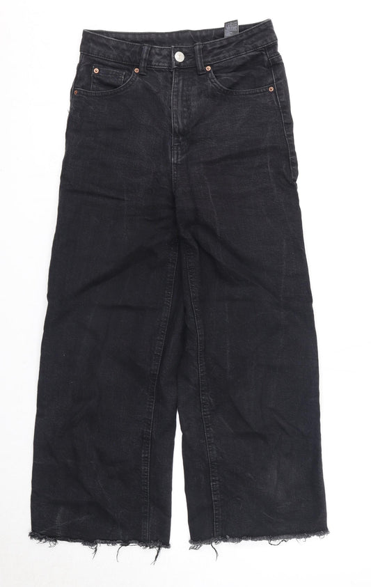 Marks and Spencer Womens Black Cotton Wide-Leg Jeans Size 8 Regular Zip - Frayed Hem