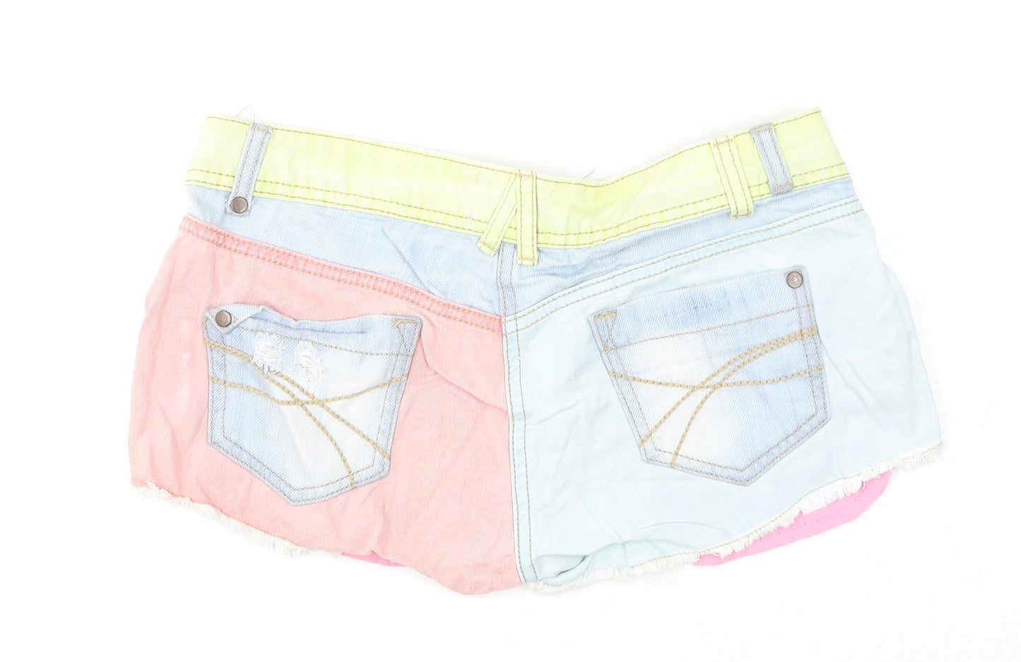 Ribbon Womens Multicoloured Colourblock Cotton Hot Pants Shorts Size 8 Regular Zip - Distressed Look Raw Hems