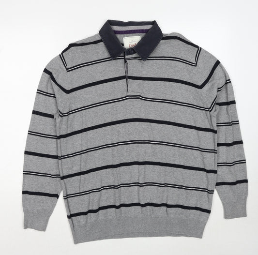 Atlantic Bay Mens Grey Collared Striped Cotton Pullover Jumper Size L Long Sleeve Pullover