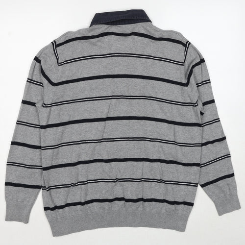 Atlantic Bay Mens Grey Collared Striped Cotton Pullover Jumper Size L Long Sleeve Pullover