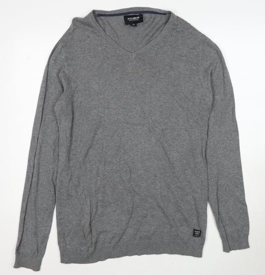 Pull&Bear Mens Grey V-Neck Cotton Pullover Jumper Size L Long Sleeve