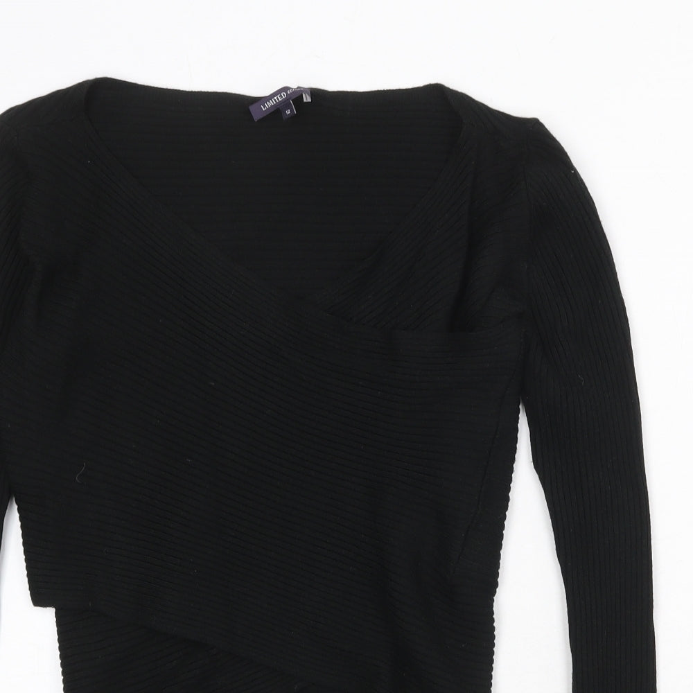 Marks and Spencer Womens Black V-Neck Linen Pullover Jumper Size 12 Pullover - Ribbed Wrap Style