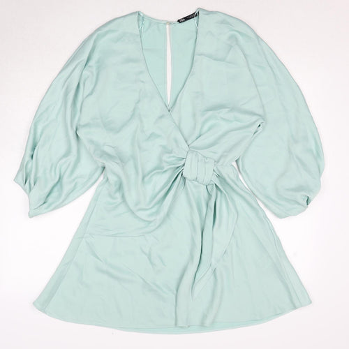 Zara Womens Blue Polyester A-Line Size M V-Neck Button