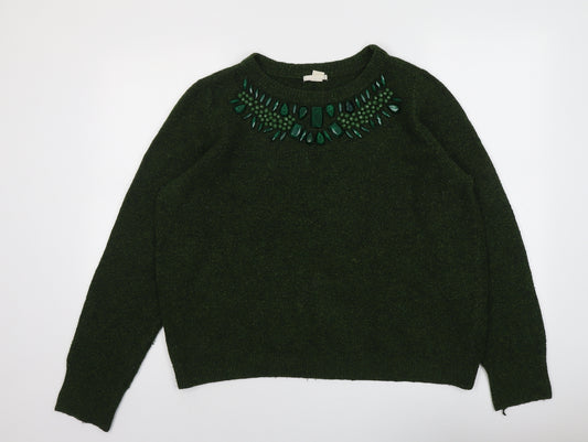 H&M Womens Green Round Neck Acrylic Pullover Jumper Size M