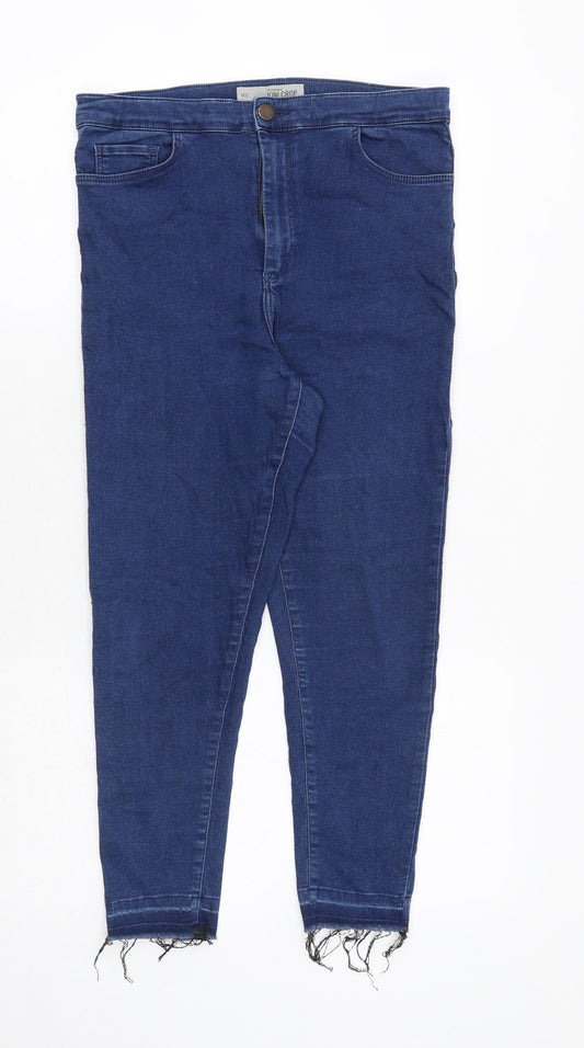 Topshop Womens Blue Cotton Skinny Jeans Size 32 in Regular Zip - Frayed Hem