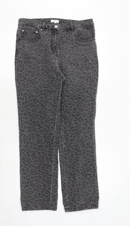 CC Womens Grey Animal Print Cotton Straight Jeans Size 12 Regular Zip - Leopard Print