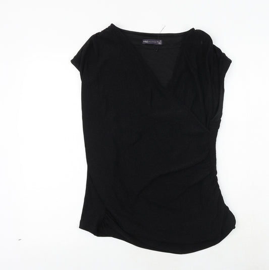 Marks and Spencer Womens Black Polyester Basic T-Shirt Size 16 V-Neck - Ruched Detail