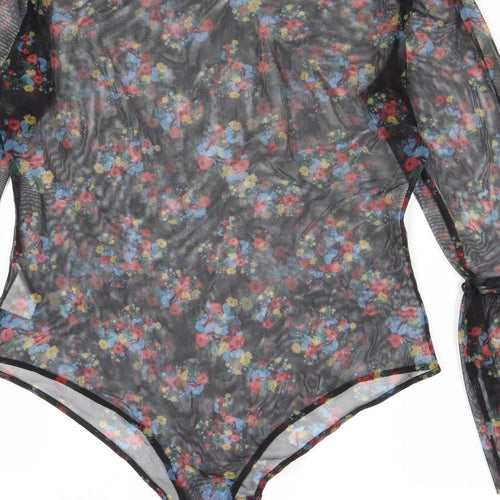 QED London Womens Black Floral Polyester Bodysuit One-Piece Size M Snap - Sheer