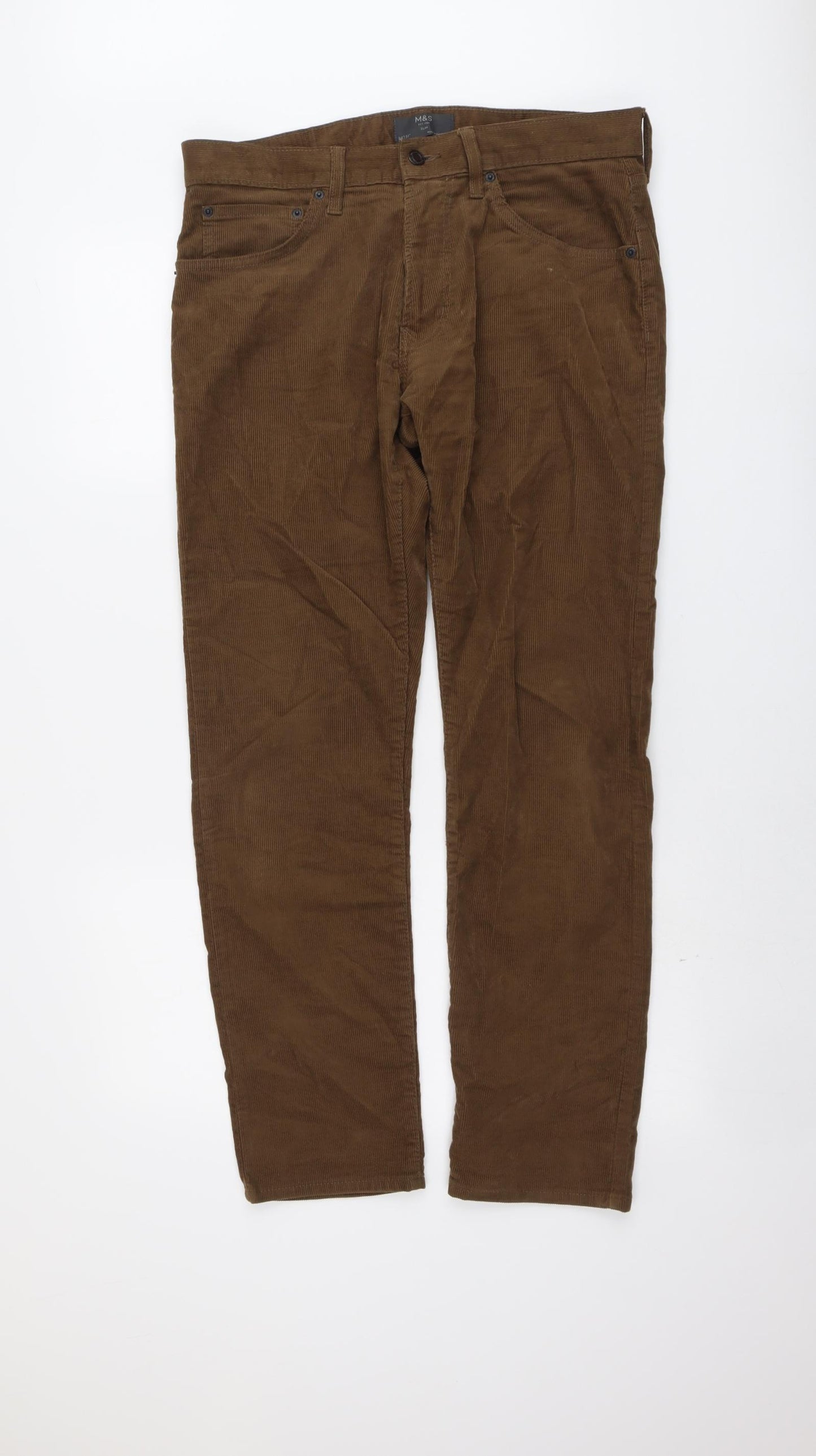 Marks and Spencer Mens Brown Cotton Trousers Size 34 in L31 in Regular Button