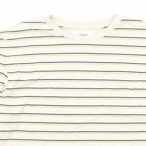 Marks and Spencer Mens Beige Striped Cotton T-Shirt Size S Crew Neck Push Lock