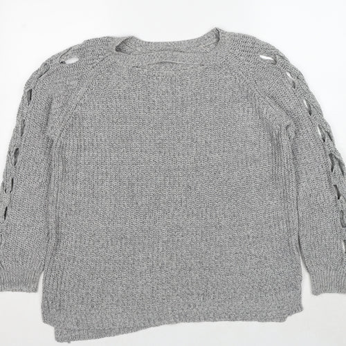 River Island Womens Grey Round Neck Cotton Pullover Jumper Size 8 Pullover - Open Knit Sleeves