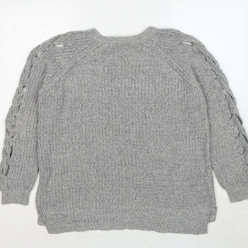 River Island Womens Grey Round Neck Cotton Pullover Jumper Size 8 Pullover - Open Knit Sleeves