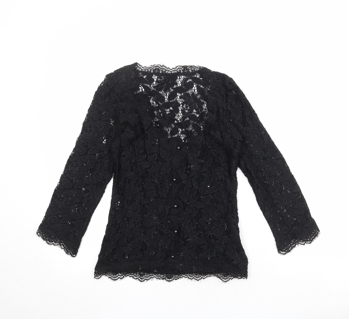 Per Una Womens Black Floral Nylon Basic Blouse Size 12 V-Neck - Lace Overlay